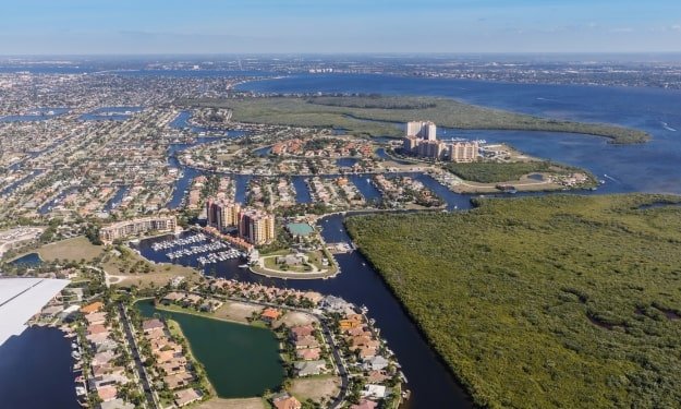 aerial view of neighborhoods full of canals in Cape Coral, Florida