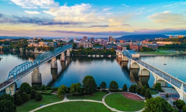 aerial view of the riverfront in Chattanooga, Tennessee