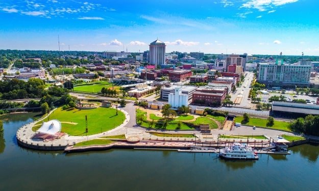 aerial view of the waterfront in Montgomery, Alabama