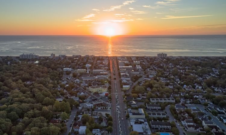 aerial view of rehoboth beach delaware at sunset