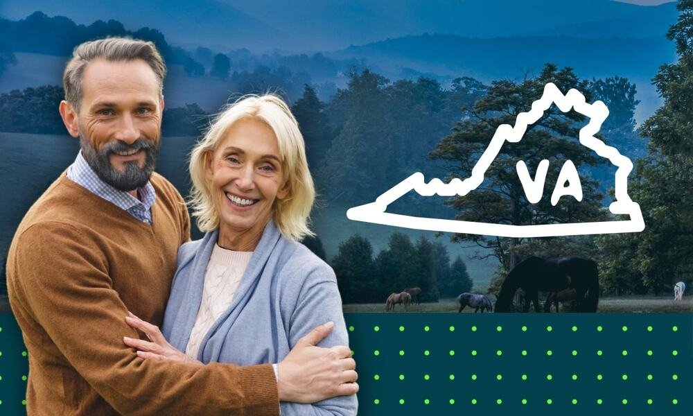 happy retired couple with virginia natural landscape in background